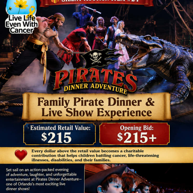 Pirates are shown in the foreground with a large alligator, while the background features a banner advertising a "Family Pirate Dinner & Live Show Experience" with details about its retail value and opening bid.