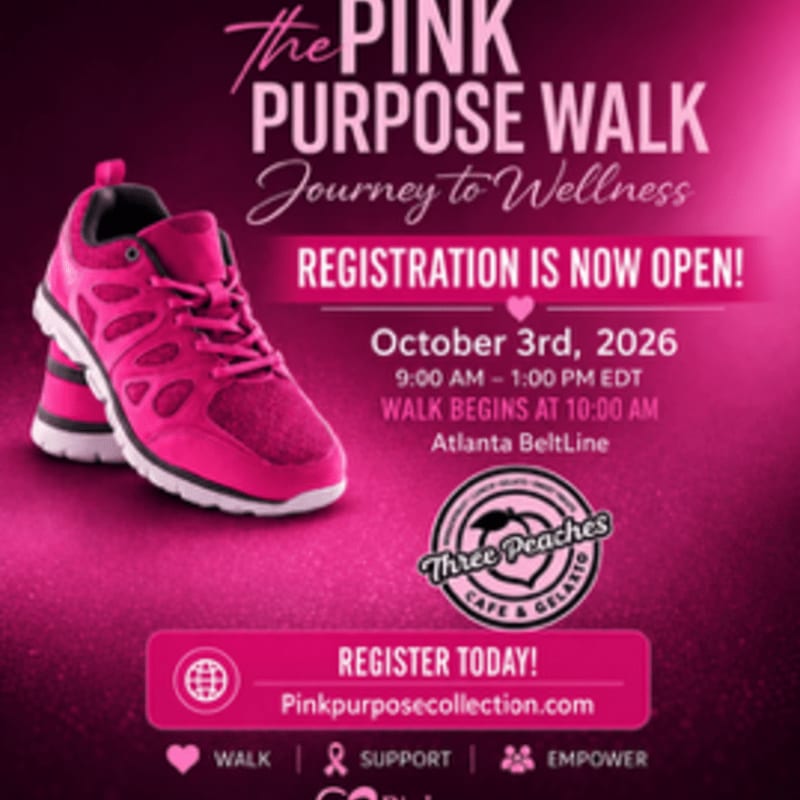 A bright pink athletic shoe is in the foreground against a gradient pink background advertising "The Pink Purpose Walk" with event details and a website.