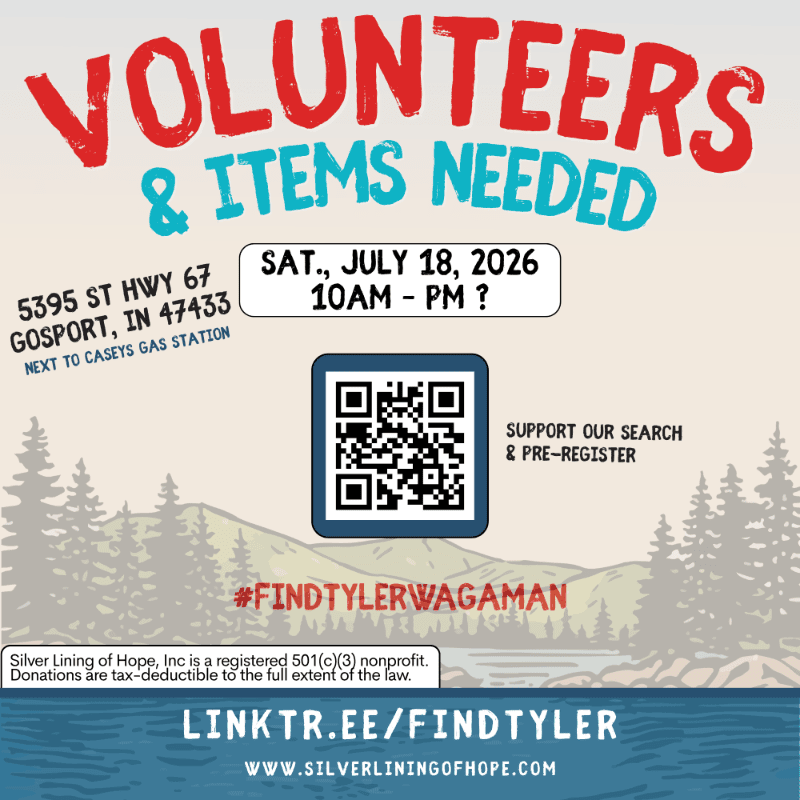 A flyer with bold red and blue text announcing "VOLUNTEERS & ITEMS NEEDED" in the foreground, and a silhouetted forest and water scene in the background.