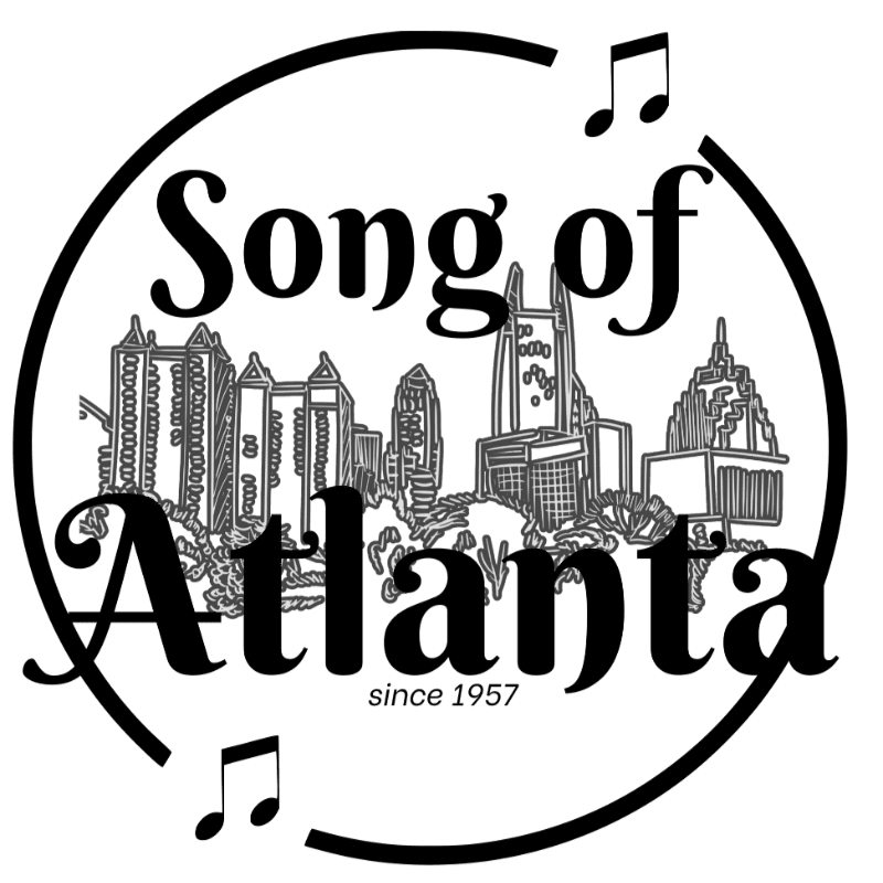 A circular logo features the words "Song of Atlanta since 1957" in bold lettering over a stylized cityscape, with musical notes adorning the top and bottom curves.