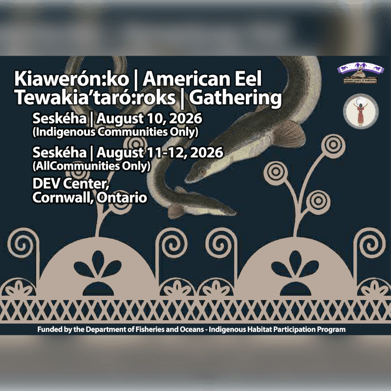 Two American eels are depicted in the background, with event details for a gathering about them in the foreground.