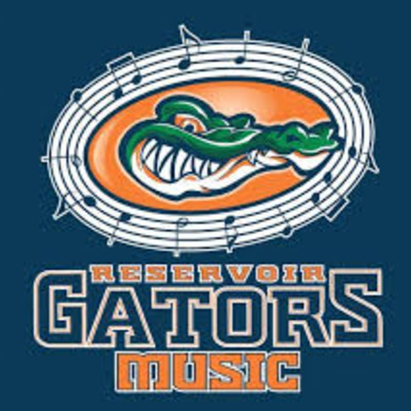 An alligator's head is depicted within an oval frame of musical notes in the foreground, with the words "RESERVOIR GATORS MUSIC" emblazoned below it against a dark blue background.