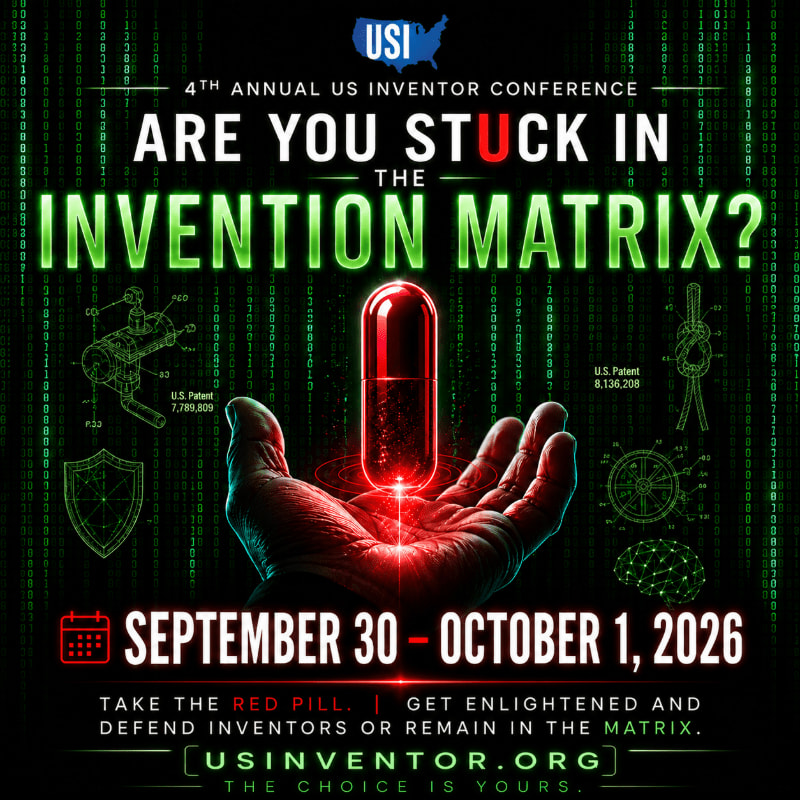 A hand holds a glowing red pill against a background of green binary code, advertising the 4th Annual US Inventor Conference.