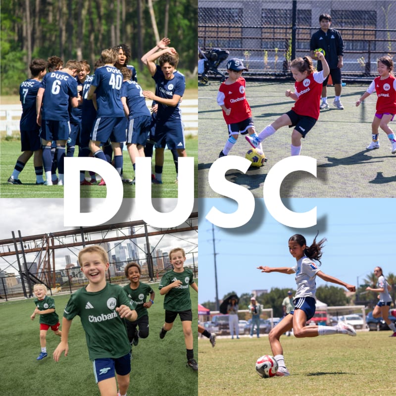 A collage of four images shows young soccer players in action, with the large white letters "DUSC" superimposed over the center.