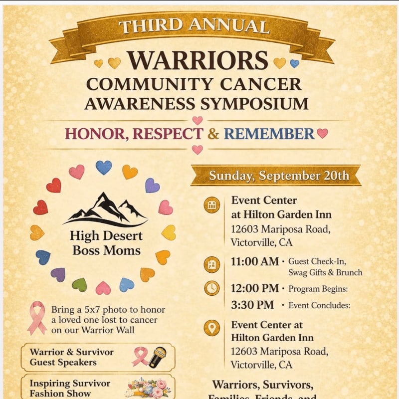 A poster for the Third Annual Warriors Community Cancer Awareness Symposium features event details and a call for photos for a Warrior Wall in the foreground, set against a textured, parchment-like background with decorative elements.