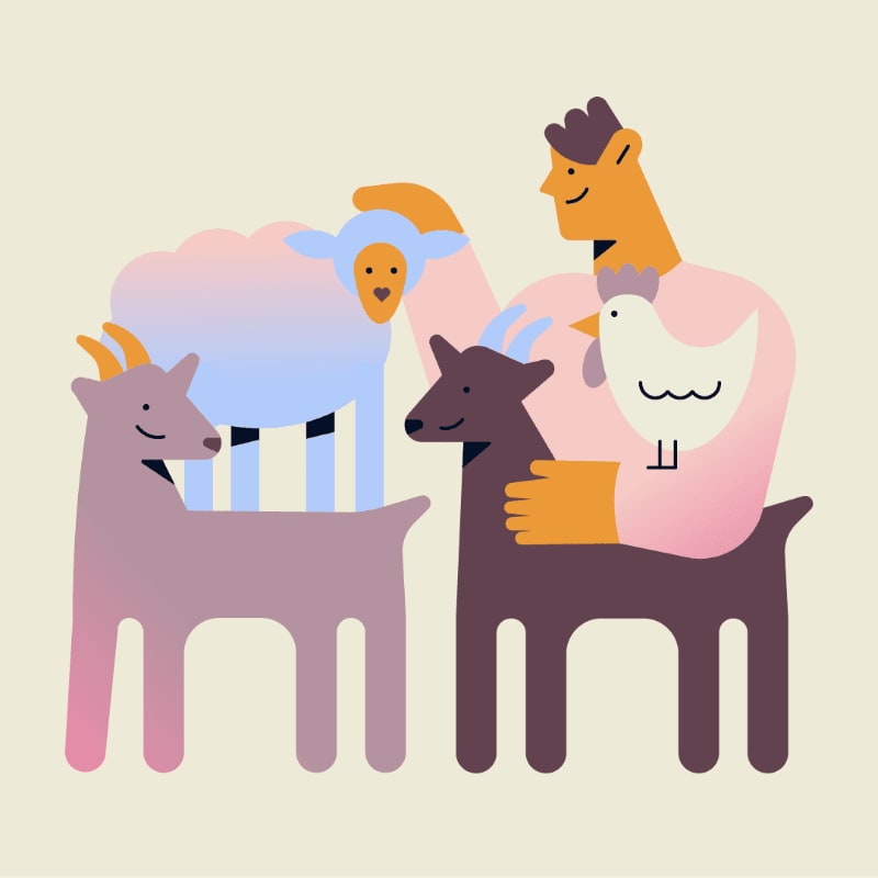 A farmer with a chicken on his shoulder pets a sheep, while two goats stand in front of him.