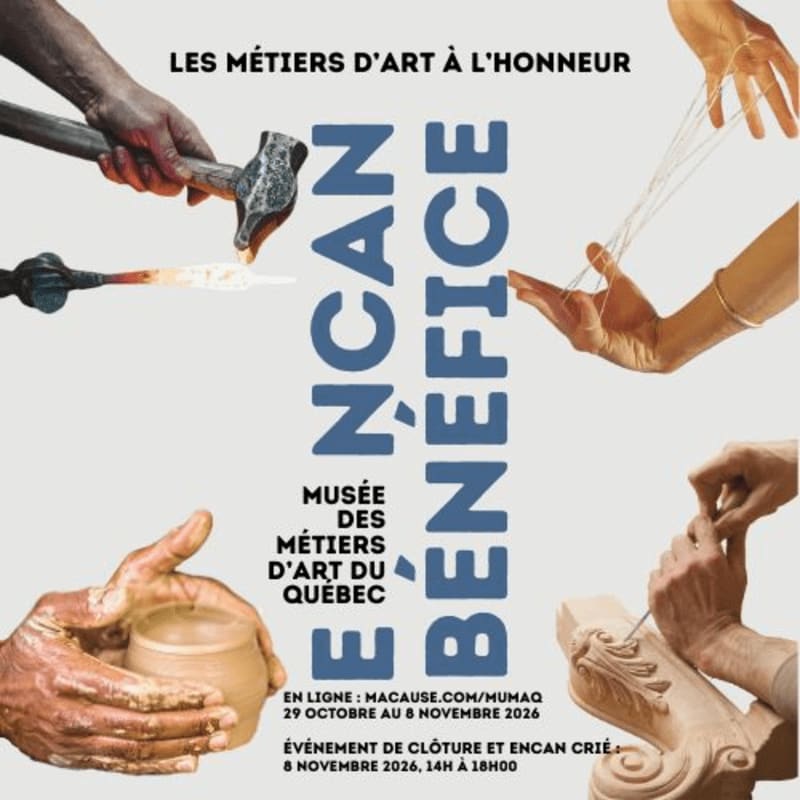 Hands engaged in various crafts, such as pottery, metalworking, and sculpting, are featured in the foreground against a background of text announcing an art and crafts exhibition and auction.