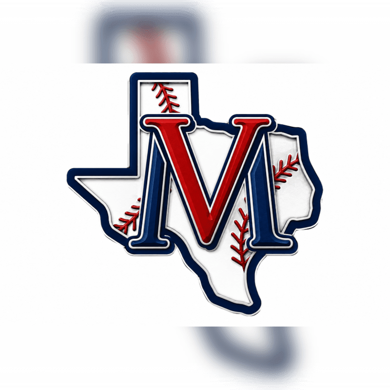 A Texas-shaped logo with a large "M" in red and blue, featuring baseball stitching, is set against a blurred white background.