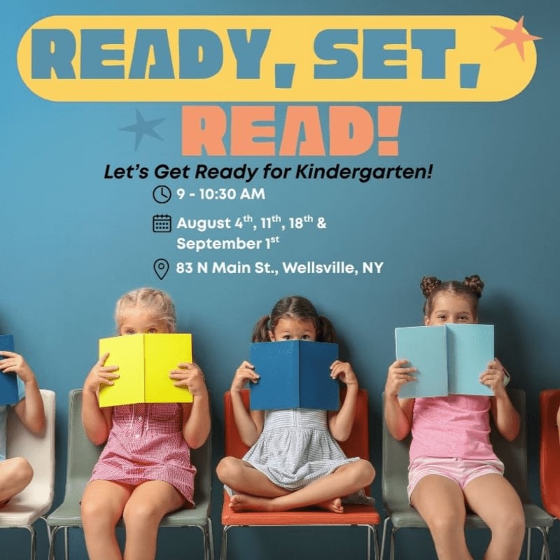 Four young girls sit in chairs, each holding a book in front of their faces, against a blue background with event details for "Ready, Set, Read!"