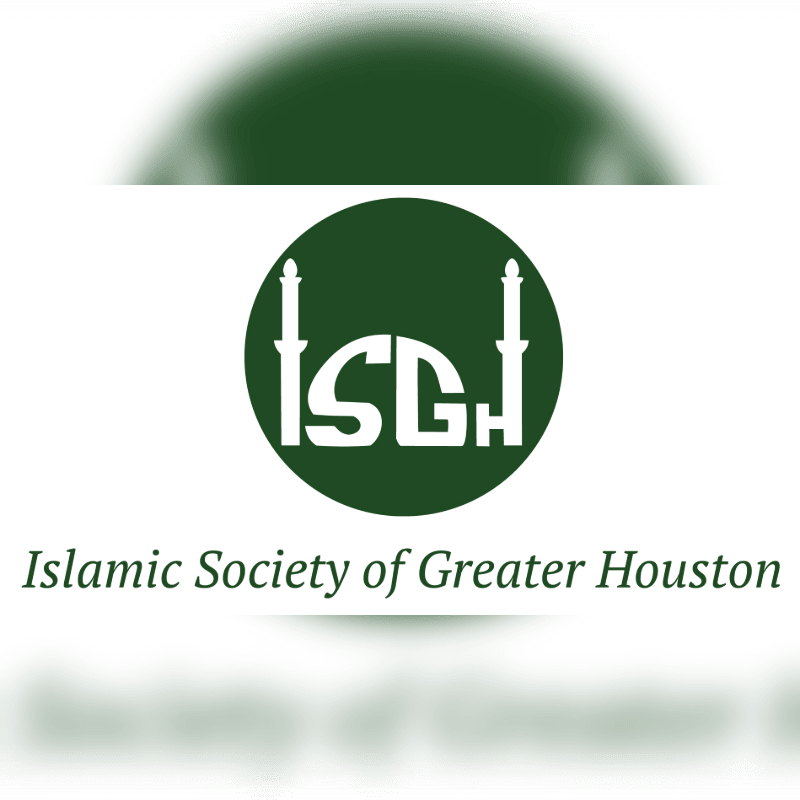 A green circle with the letters "ISGH" and two minarets is centered on a white background, with the text "Islamic Society of Greater Houston" below it.