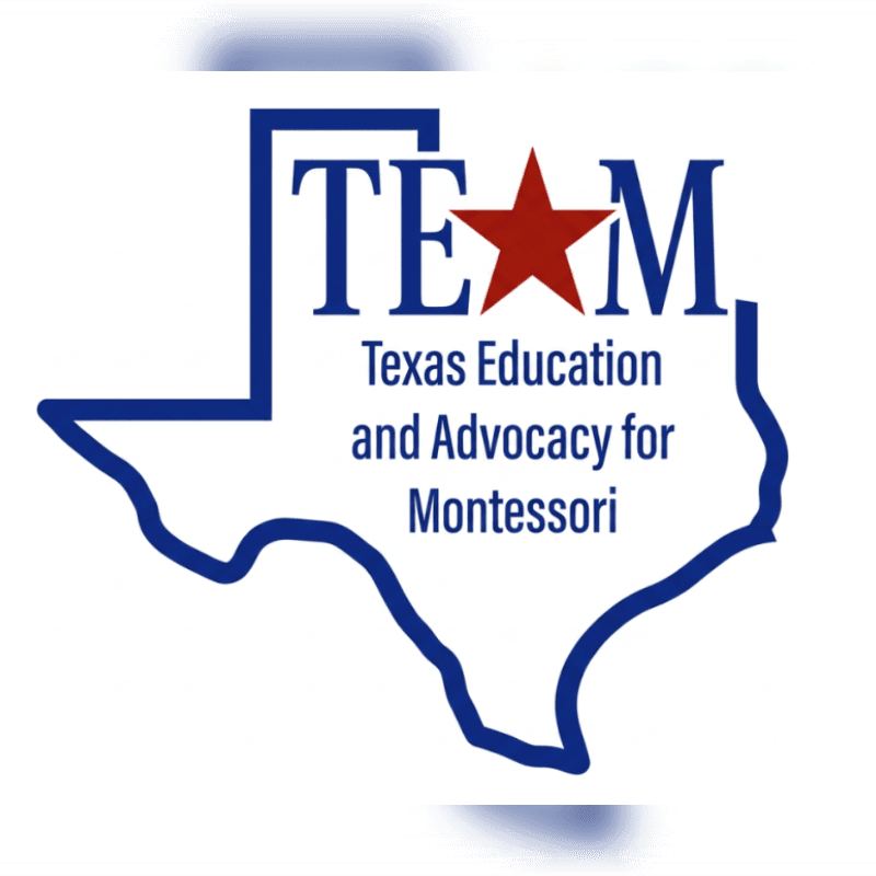 A blue outline of Texas contains the words "TEAM Texas Education and Advocacy for Montessori" with a red star in place of the "A" in TEAM, set against a white background.