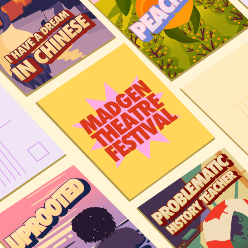A central yellow poster for the "Madgen Theatre Festival" is surrounded by various other posters with titles like "I Have a Dream in Chinese," "Uprooted," and "Problematic History Teacher," set against a pale yellow background.