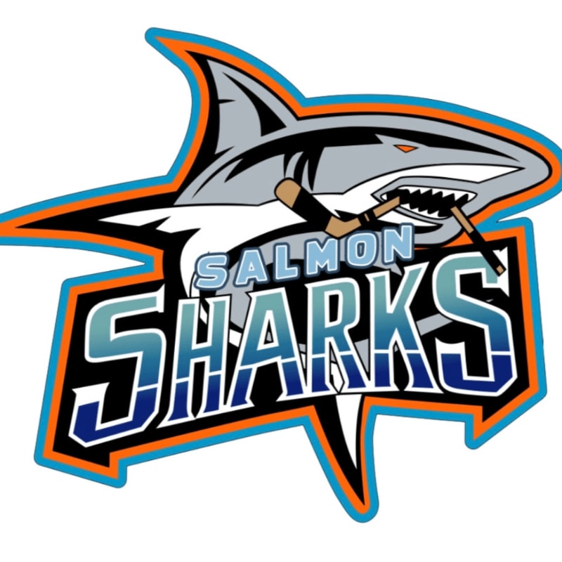 A stylized shark logo with "SALMON SHARKS" written below it is set against a white background.