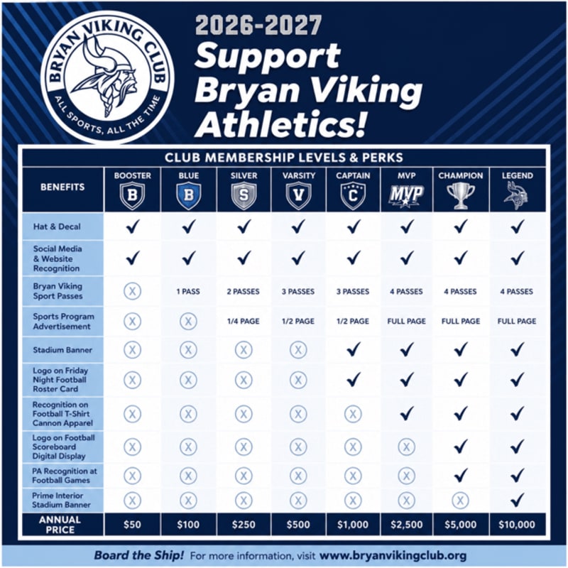 A table detailing Bryan Viking Club membership levels and perks is presented against a dark blue background with a Viking logo in the upper left corner.