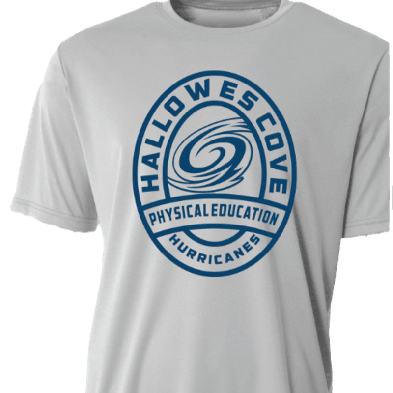 A white t-shirt with a blue oval logo for "Hallowes Cove Physical Education Hurricanes" is displayed against a white background.
