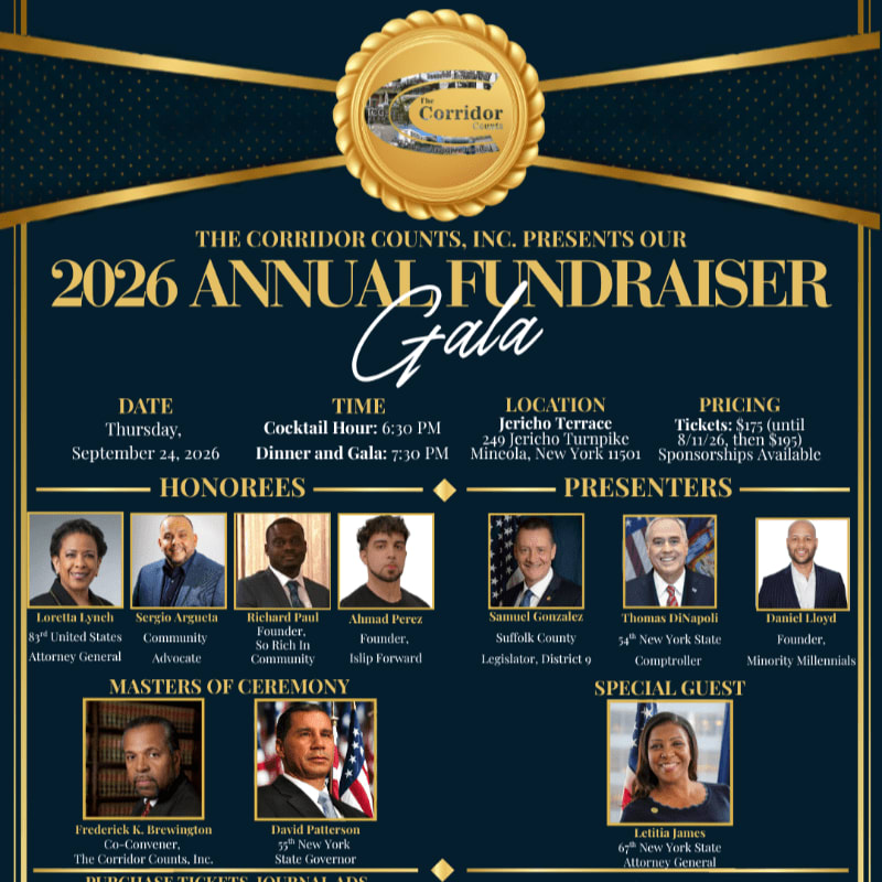 A gold emblem with a train on a track sits above a dark blue banner announcing "The Corridor Counts, Inc. Presents Our 2026 Annual Fundraiser Gala," with honorees, presenters, and a special guest listed below against a textured background.