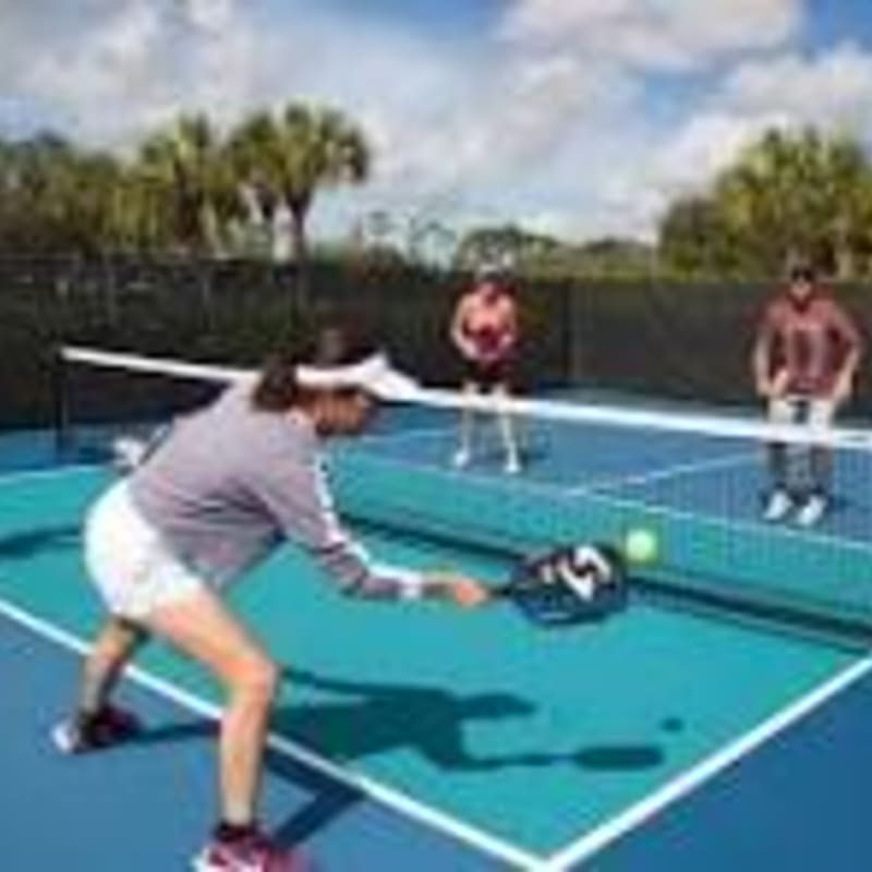 A woman in the foreground lunges to hit a pickleball on a blue court, while two other players stand on the opposite side of the net under a bright sky with palm trees in the background.
