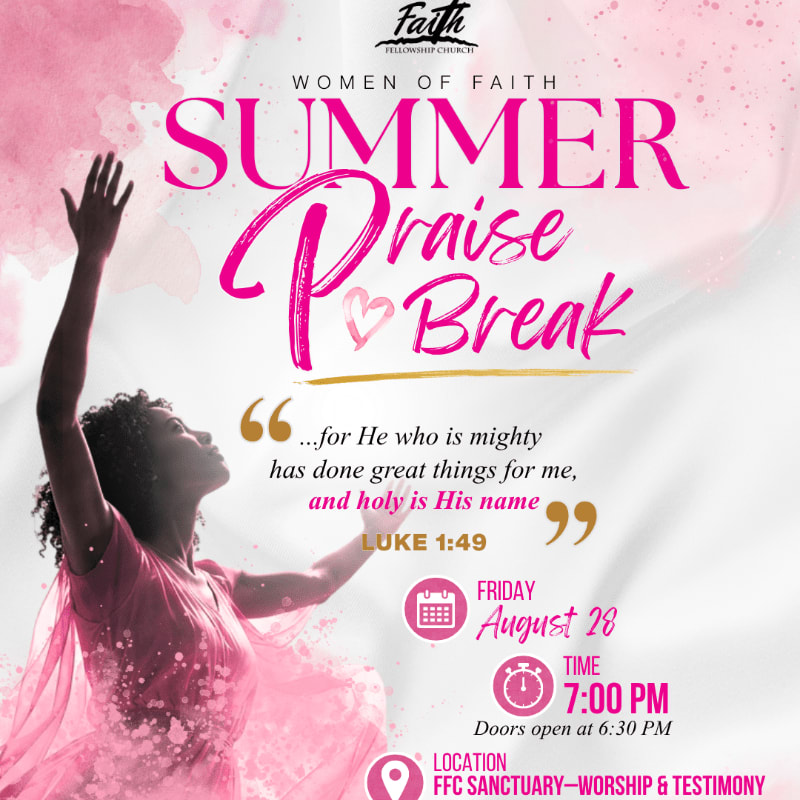 A woman with her arms raised in praise is featured in the foreground against a pink watercolor background with event details for "Women of Faith Summer Praise Break."