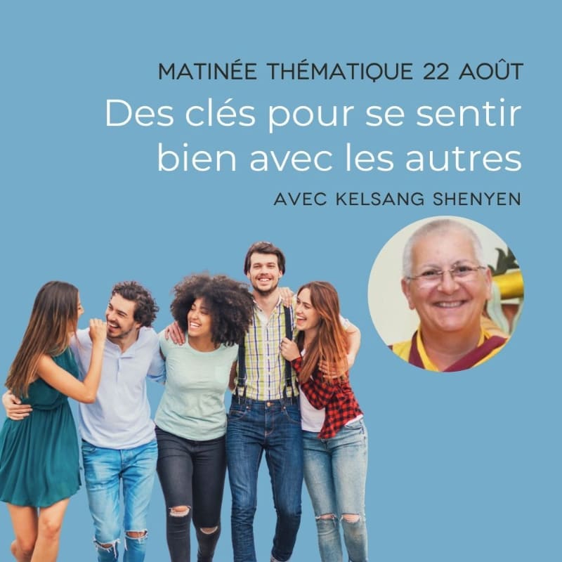 A group of five young adults smiles and embraces in the foreground against a solid blue background, with text overlaying the top portion and a portrait of an older woman in the upper right corner.