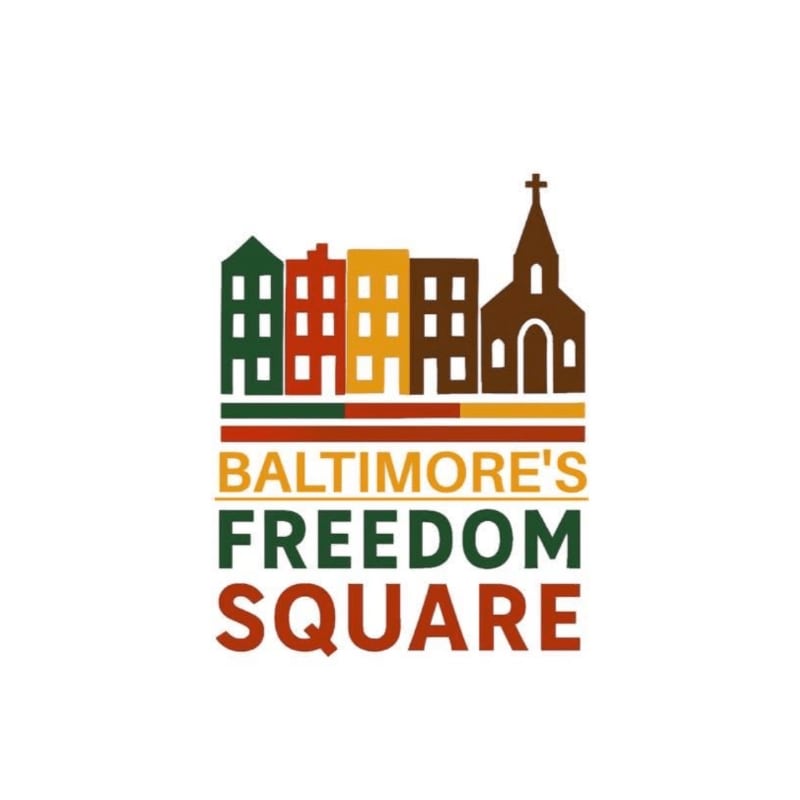 Colorful buildings and a church stand against a white background, with "BALTIMORE'S FREEDOM SQUARE" text below.