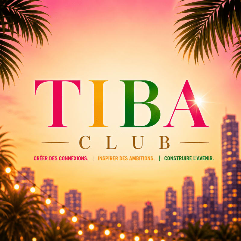 Palm fronds frame a vibrant "TIBA CLUB" logo above a city skyline at sunset, with string lights adding a festive glow.
