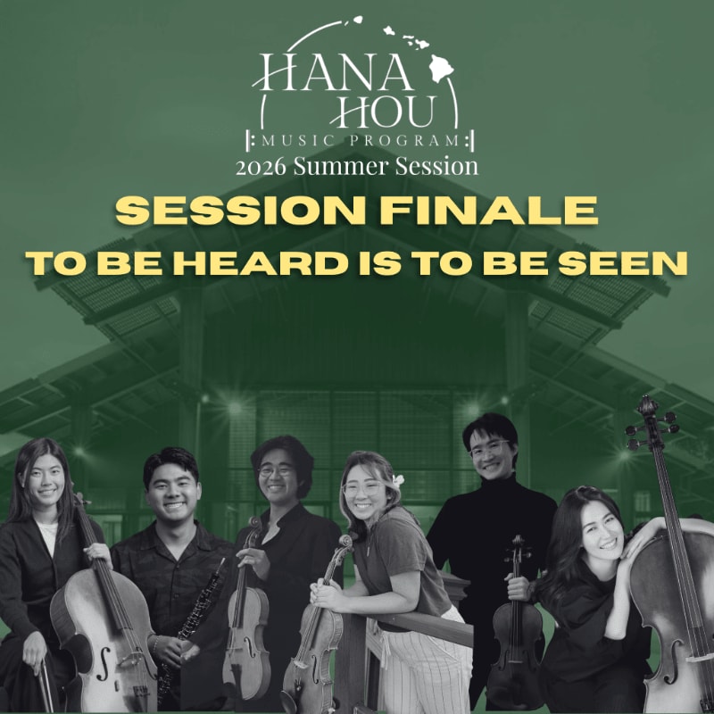 Six young musicians with their instruments stand in front of a green, stylized building with a peaked roof.