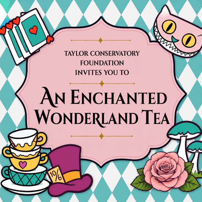 A whimsical Alice in Wonderland-themed invitation for "An Enchanted Wonderland Tea" is set against a teal diamond pattern background, featuring teacups, a top hat, playing cards, mushrooms, a rose, and the Cheshire Cat's grin in the foreground.