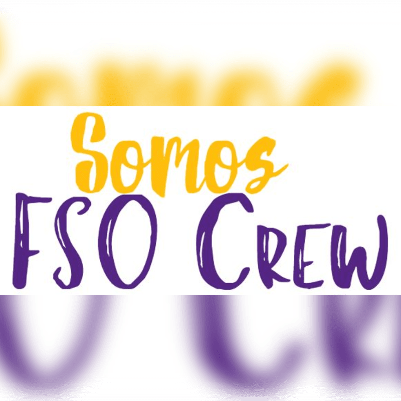 Purple and yellow text reading "Somos FSO CREW" is centered on a white background with blurred purple and yellow shapes at the top and bottom.
