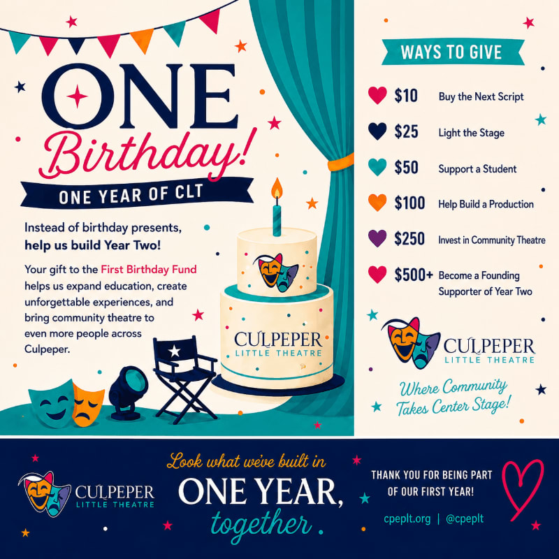 A birthday cake with a candle sits in the foreground, while the background features colorful bunting, stage curtains, and donation information for Culpeper Little Theatre's first year.