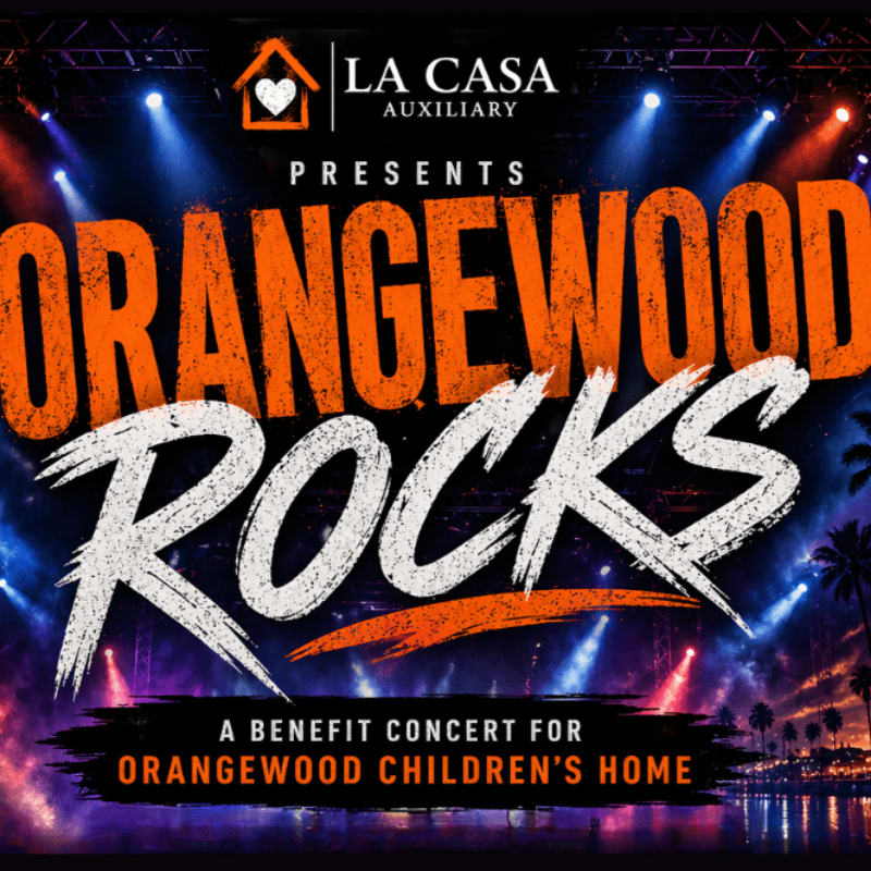 Large, bold orange and white text proclaiming "ORANGEWOOD ROCKS" dominates the foreground, set against a vibrant background of stage lights, palm trees, and a dark sky.