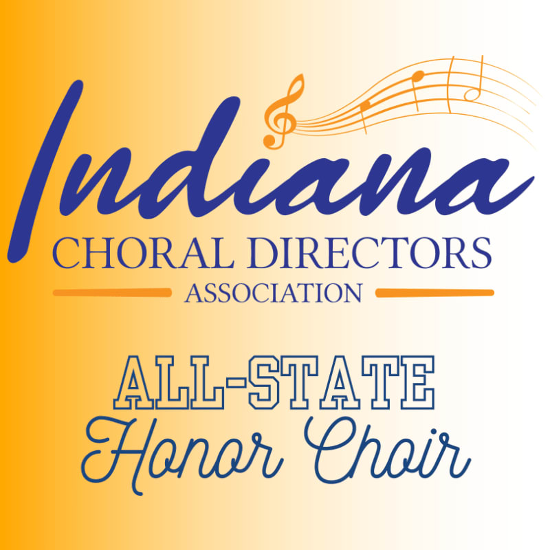 The foreground displays "Indiana CHORAL DIRECTORS ASSOCIATION" and "ALL-STATE Honor Choir" in stylized text, while the background features a gradient of orange and white with musical notes.