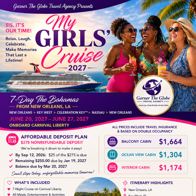 Three smiling women in swimsuits hold drinks in the foreground, with a cruise ship and palm trees in the background.