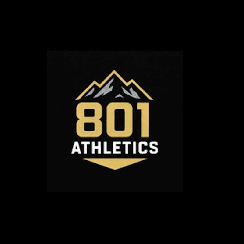 A black background frames a golden mountain range above the bold text "801 ATHLETICS" in a hexagonal shape.