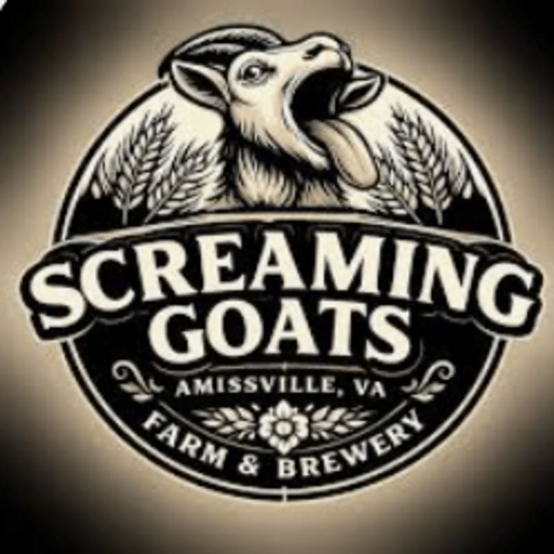 A distressed goat with its mouth open and tongue out is featured in the foreground, set against a circular emblem with the words "Screaming Goats Amissville, VA Farm & Brewery" and wheat stalks in the background.