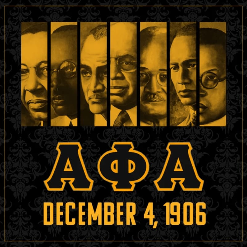 A row of portraits of seven men is displayed above the Greek letters "ΑΦΑ" and the date "DECEMBER 4, 1906," all set against a black background with a gold damask pattern.