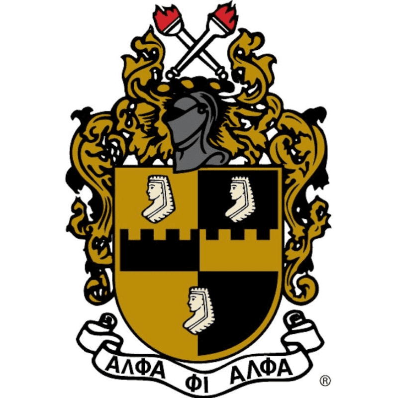 A crest with a black helmet and crossed torches above a shield divided into gold and black quadrants, each featuring a profile of a woman, is set against a white background.