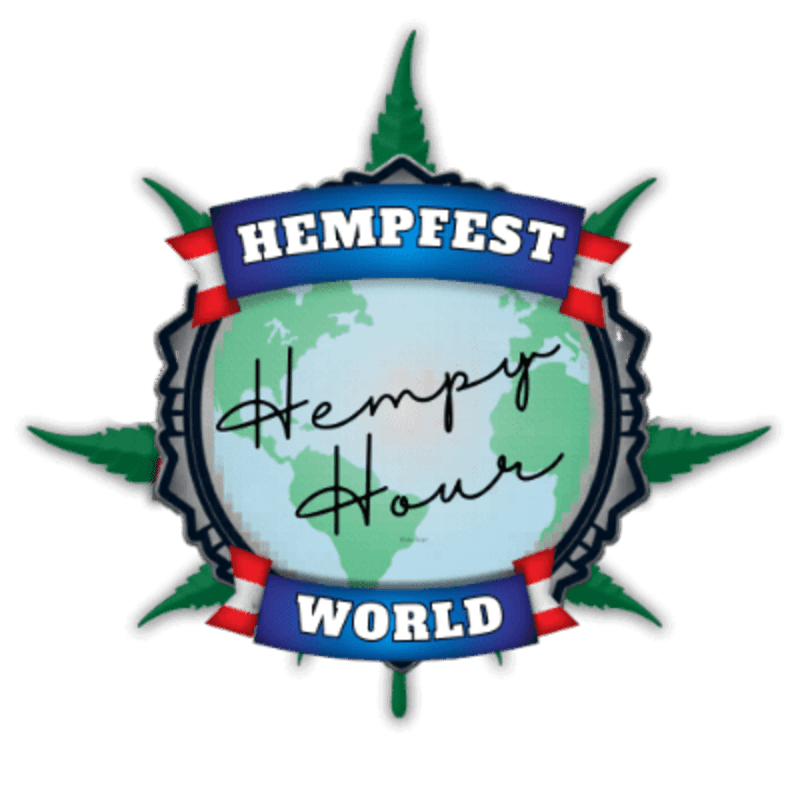 A circular logo with a stylized globe in the center, featuring the words "HEMPFEST WORLD" and "Hempy Hour" in cursive, is surrounded by green hemp leaves.