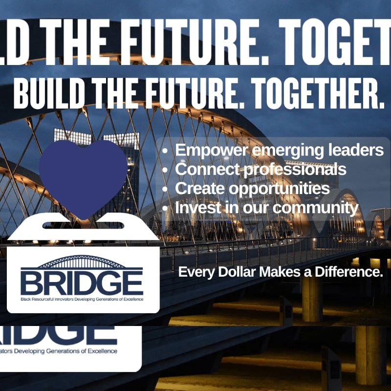 A white box with the "BRIDGE" logo and a purple heart sits in the foreground against a backdrop of a lit bridge at night, with text overlaying the scene.