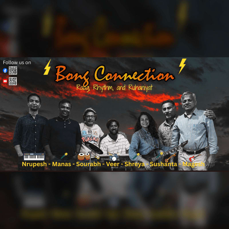 A group of seven musicians, including a woman playing a guitar, stand together in the foreground against a dramatic, cloudy sky with the band's name "Bong Connection" and tagline "Rang, Rhythm, and Ruhaniyat" displayed above them.