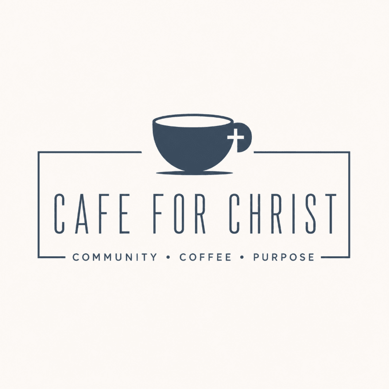 A dark blue coffee cup with a cross on it sits above the words "CAFE FOR CHRIST" within a rectangular frame, all set against a light cream background with small dots.