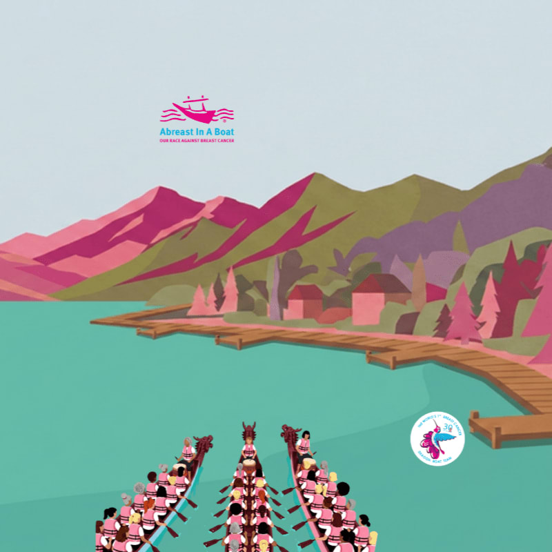 Dragon boats race across a turquoise lake towards a village nestled at the foot of pink mountains.