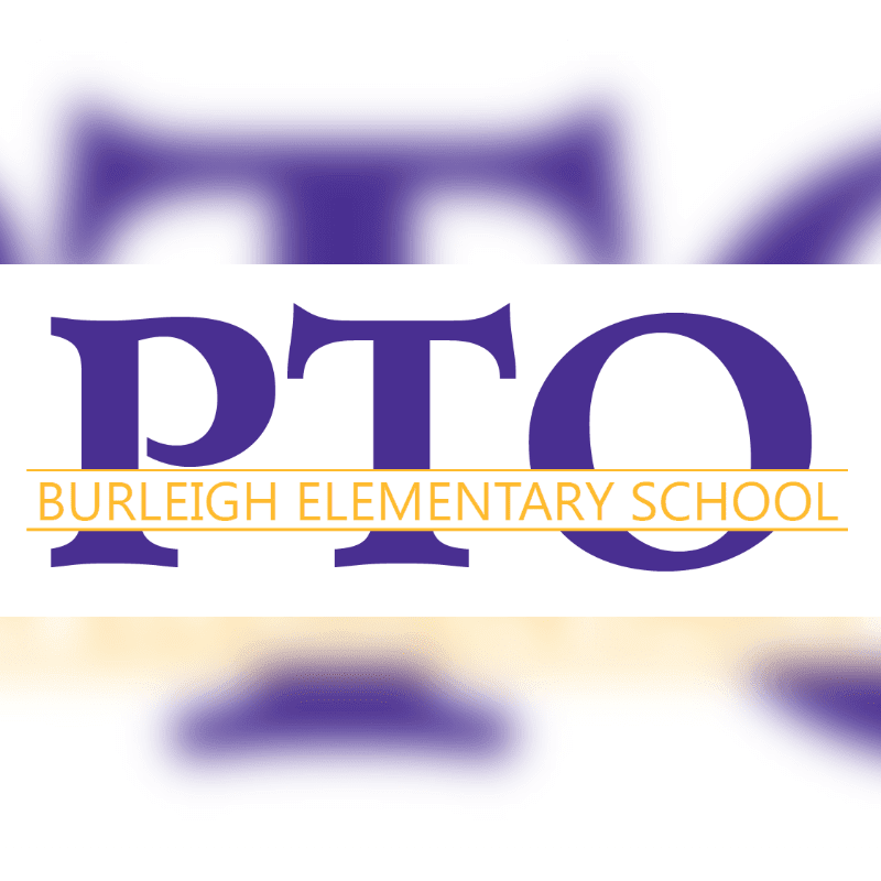 Large purple letters spelling "PTO" are in the foreground, with "BURLEIGH ELEMENTARY SCHOOL" written in smaller yellow letters below, all against a blurred white and purple background.