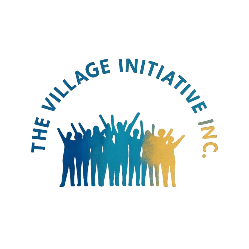 A group of diverse people with raised arms stands in the foreground, beneath an arched text that reads "THE VILLAGE INITIATIVE INC." against a white background.