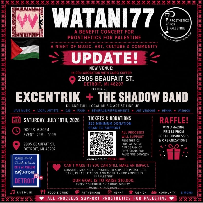 A vibrant concert poster for "WATANI77" in Detroit, featuring band names and event details against a patterned background with Palestinian flag imagery.