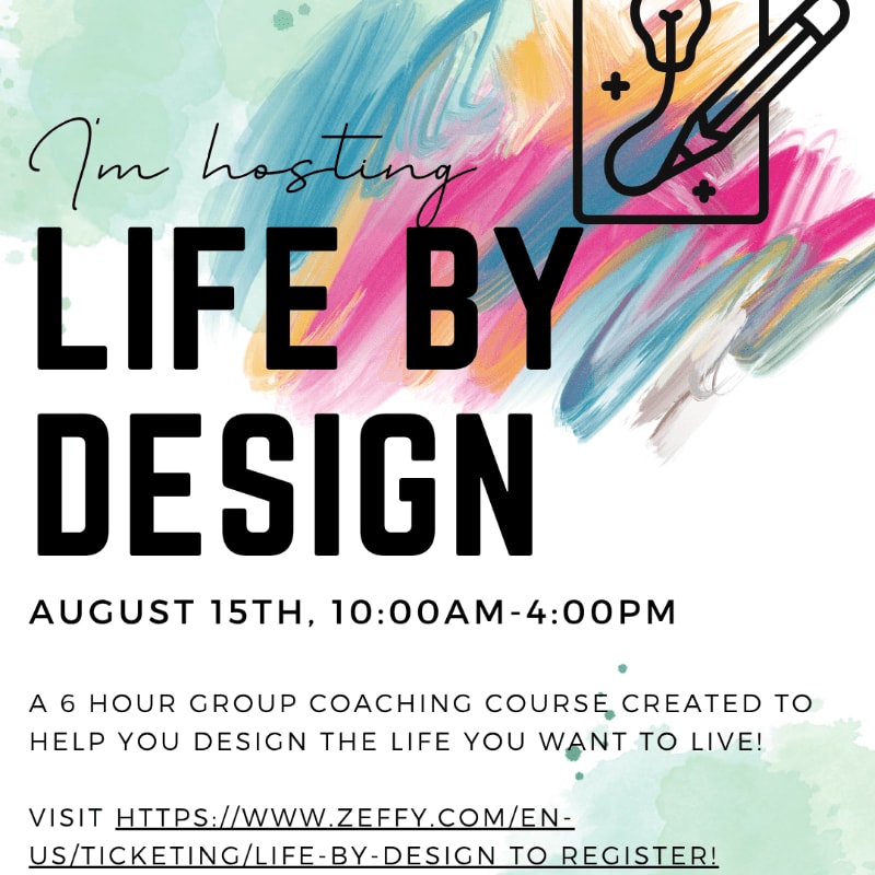 Bold black text announcing "LIFE BY DESIGN" is overlaid on a colorful, abstract watercolor background with a pencil and lightbulb illustration in the upper right corner.