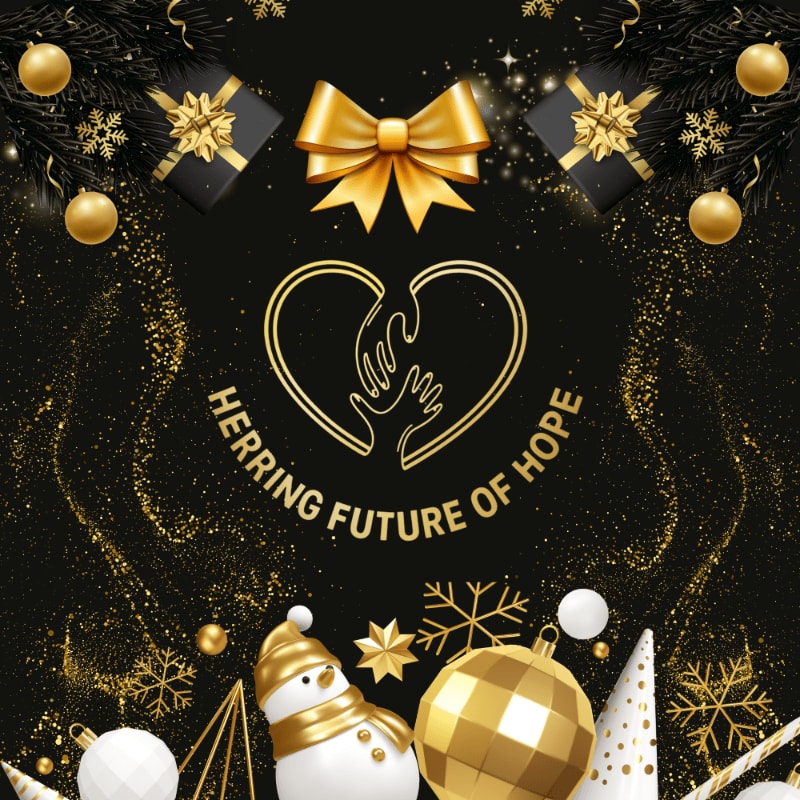Golden Christmas ornaments and a snowman adorn the foreground, while the background features a heart-shaped logo with the words "HERRING FUTURE OF HOPE" surrounded by festive fir branches and gift boxes.