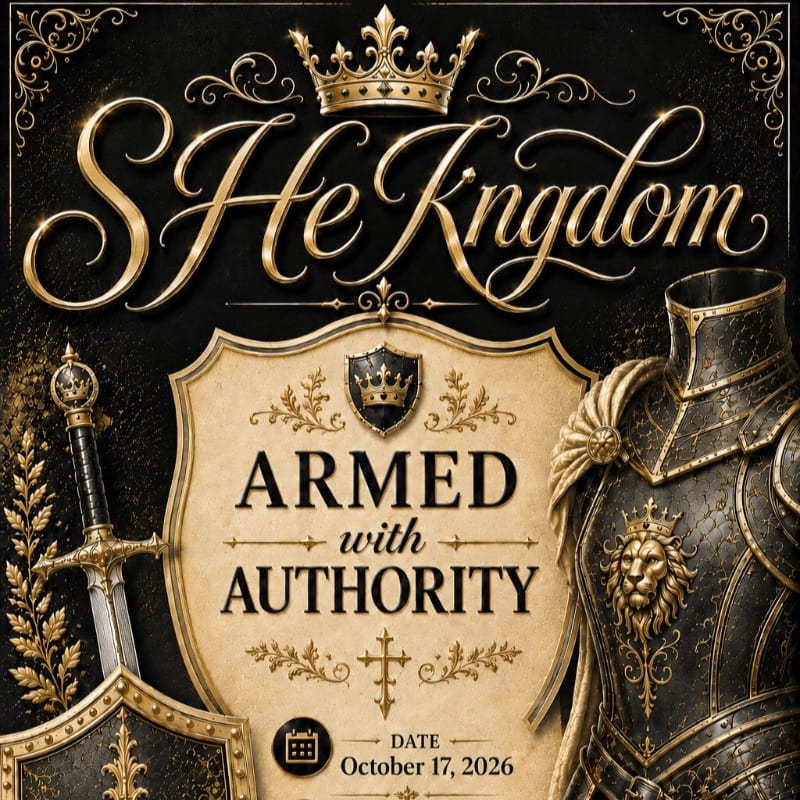 A golden crown hovers above ornate text that reads "She Kingdom," while in the foreground, a shield and sword rest beside a detailed suit of armor, all set against a dark, textured background.