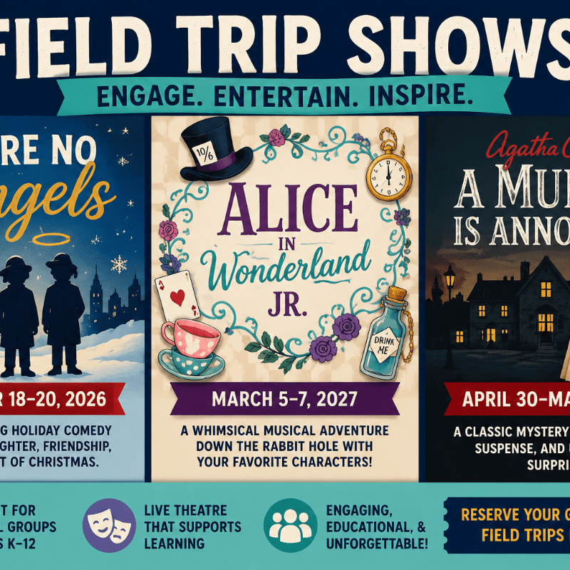 Three theatrical posters for "Field Trip Shows" are displayed, with the central poster featuring "Alice in Wonderland Jr." and the background showing a stylized cityscape.