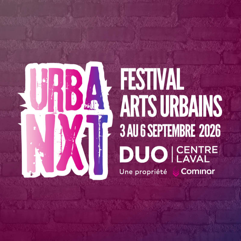 A pink and purple gradient logo for "URBA NXT" is superimposed on a brick wall background, with text announcing "FESTIVAL ARTS URBAINS" and event details.