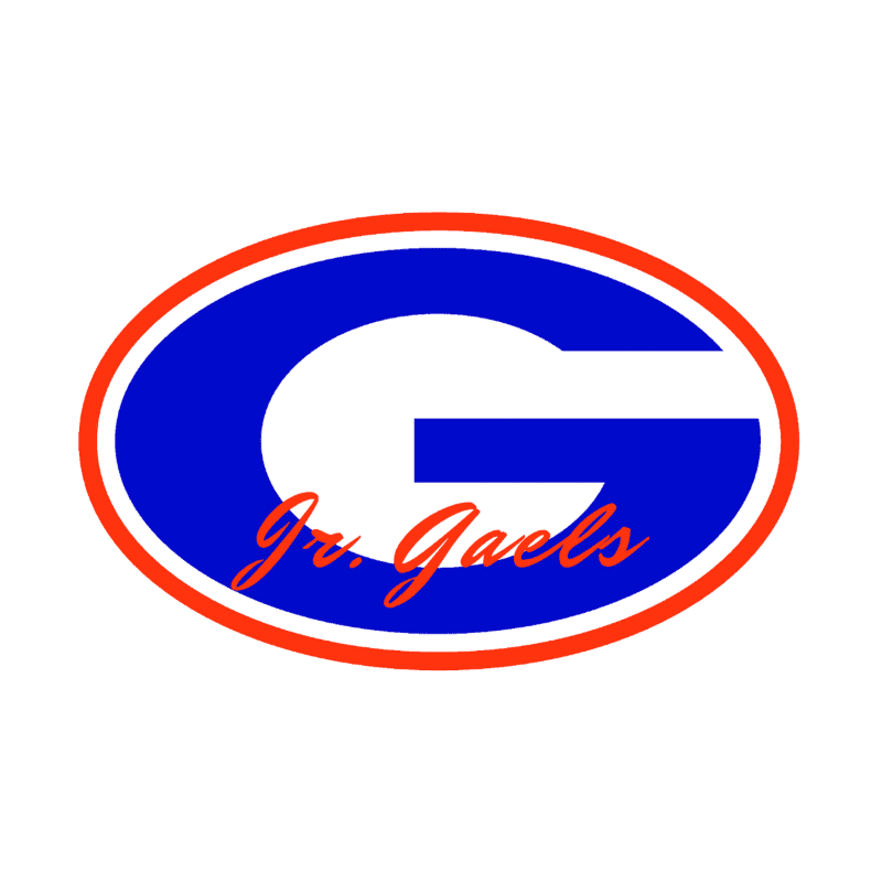 A blue "G" with "Jr. Gaels" written in red script is centered within an orange and blue oval against a white background.